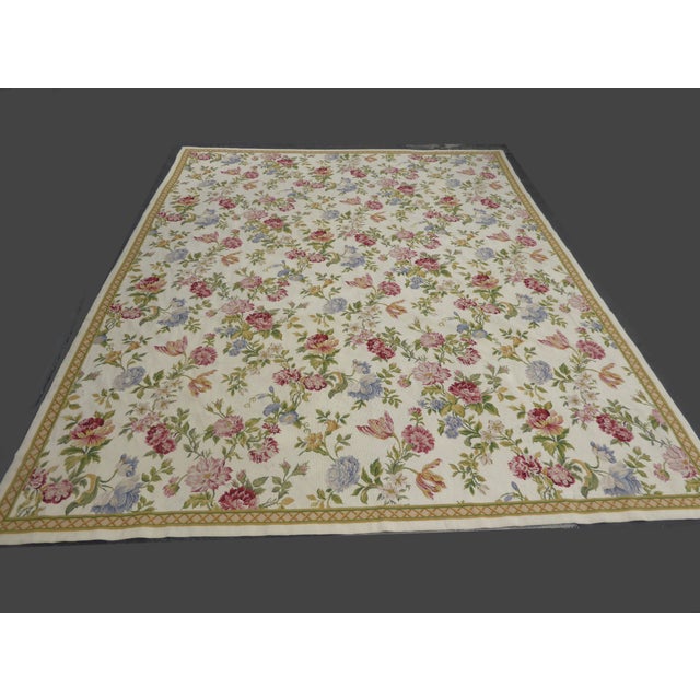 Vintage French Provincial Needlepoint Tapestry Off White Floral Area