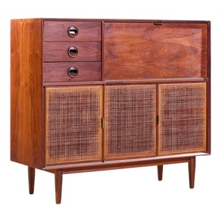 Jack Cartwright for Founders Mid Century Walnut and Cane Bar Cabinet For Sale