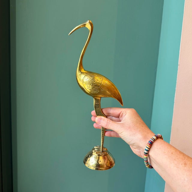 1970s Vintage Pair of Brass Etched Crane Statues For Sale - Image 5 of 7