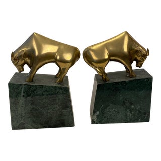 Mid-Century Modern Brass and Marble Bulls Bookends - a Pair For Sale