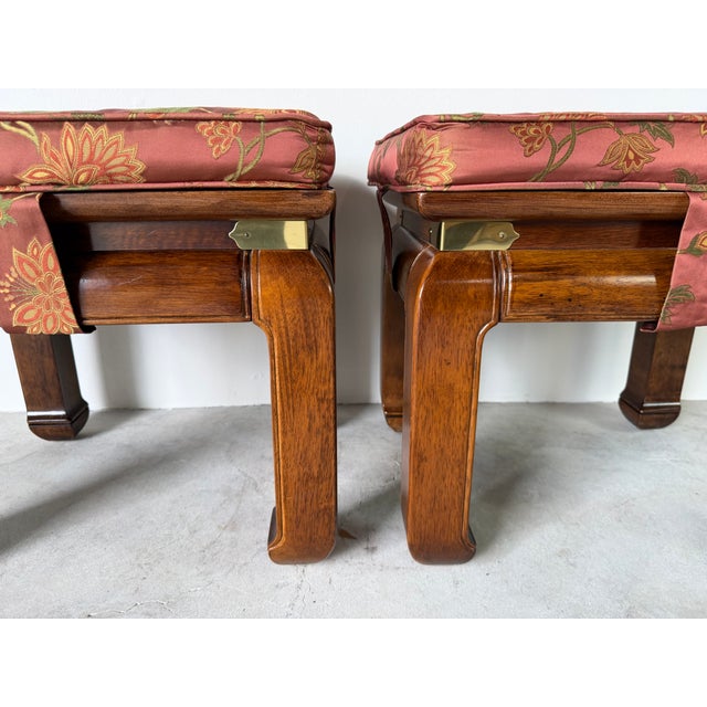Vintage Chinese Ming Style Mahogany Stools With Floral Cushions – A Pair For Sale - Image 15 of 18