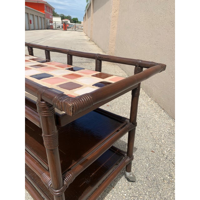 1950s Brown Lacquer Rattan Bar Cart Attributed to John Wisner for Ficks Reed. For Sale - Image 10 of 13
