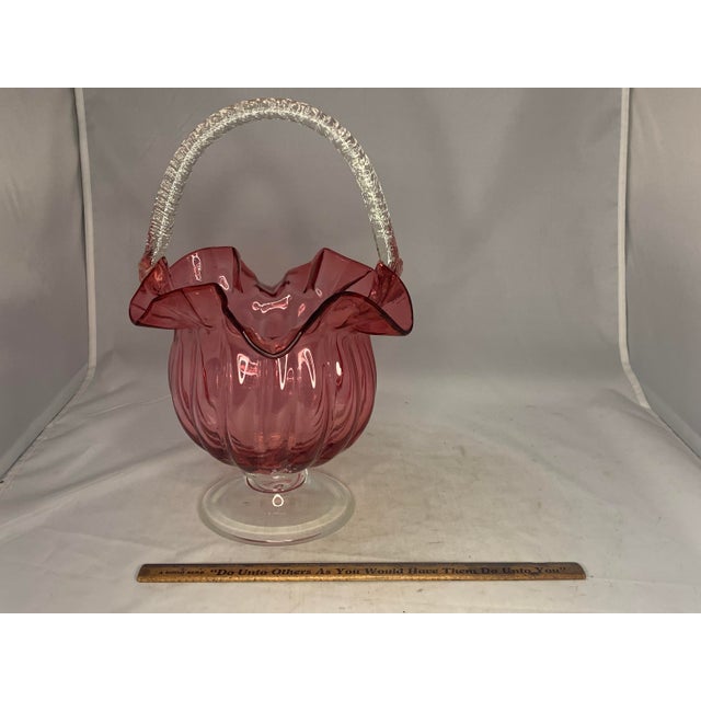 19th Century Victorian Cranberry Glass Basket: Ruffled Edge, Clear Handle, 13" Tall For Sale - Image 9 of 10