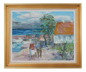 Svend Nielsen, Motif from Gudhjem, Bornholm, 1960s, Oil on Canvas, Framed