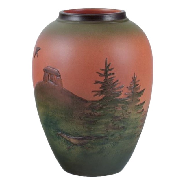 Vase in Glazed Ceramic with Hand-Painted Landscape from Ipsens, Denmark, 1920s For Sale