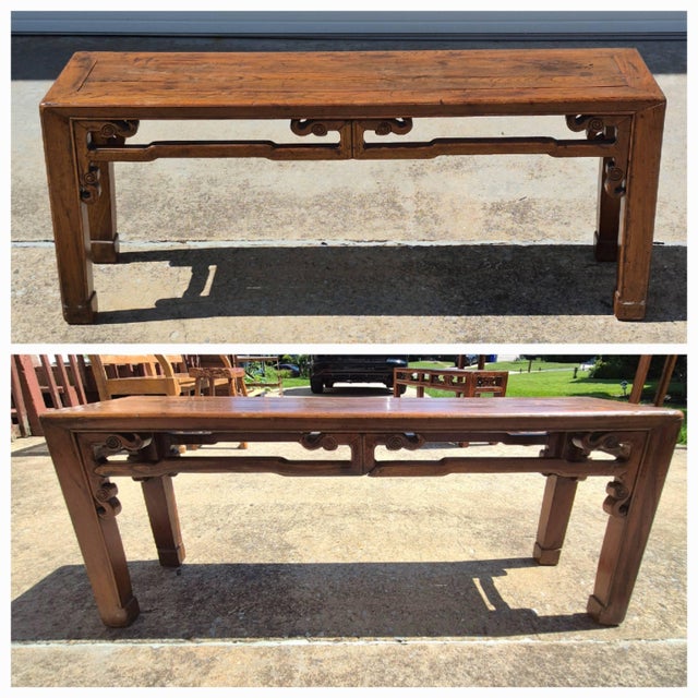 Late 20th Century Vintage Asian Carved Elm Wood 46” Long Bench Accent Table Window Seat Plant Stand For Sale - Image 5 of 10