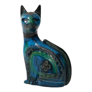 Ceramic Cat by Aldo Londi for Bitossi in 'Rimini Blue' With Incised Decoration Italy. Circa 1960