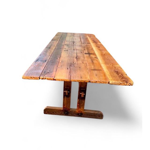 Not Yet Made - Made To Order Reclaimed Wood Farmhouse Trestle Harvest Dining Table 126 W For Sale - Image 5 of 9
