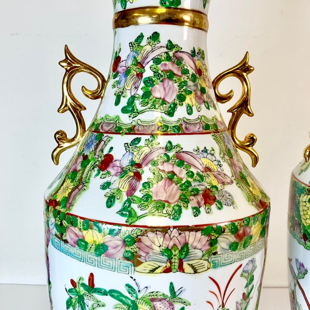 Late 19th C Antique Chinoiserie Boho Chic Hollywood Regency Famille Rose Vases - A Pair, Monumental For Sale - Image 17 of 18