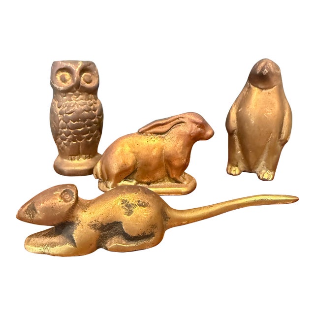 Vintage Brass Animal Figurines – Set of 4 (Rabbit, Owl, Mouse & Penguin) For Sale