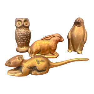 Vintage Brass Animal Figurines – Set of 4 (Rabbit, Owl, Mouse & Penguin)