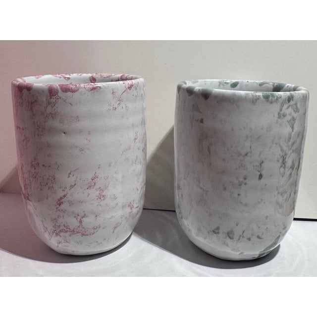 Vintage Bybee Pottery Marbled Hand-Thrown Ceramic Cups / Tumblers - Pair (Pink & Sage Green) For Sale - Image 10 of 10