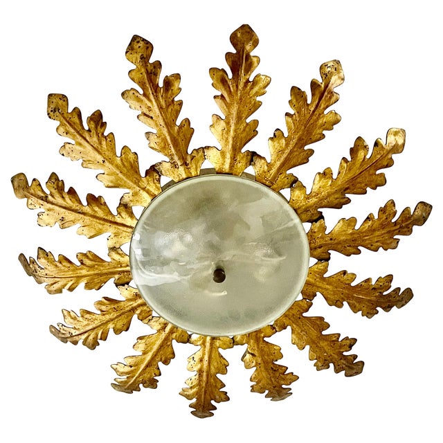 Large Spanish Sunburst Fixture in Gilt Metal with Support, 1950 For Sale
