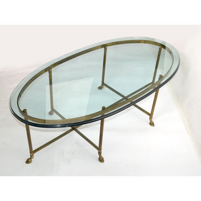 1970s Hollywood Regency Mastercraft Brass Hoof Feet Coffee Table Racetrack Glass Top For Sale - Image 13 of 15