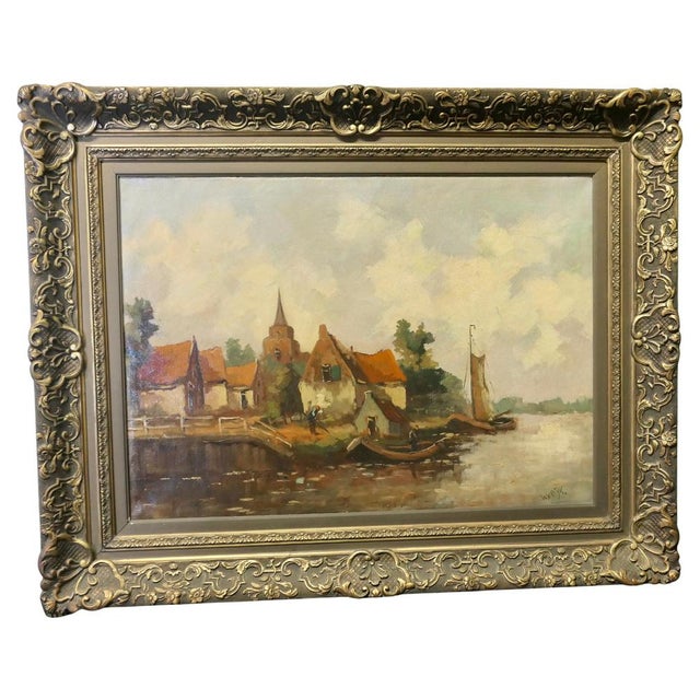 W. v. Dijk, Village from the Water, 19th Century, Oil Painting, Framed For Sale - Image 8 of 8