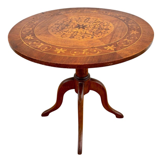 Mid Century Walnut With Marquetry Round Side Table, 1950s For Sale