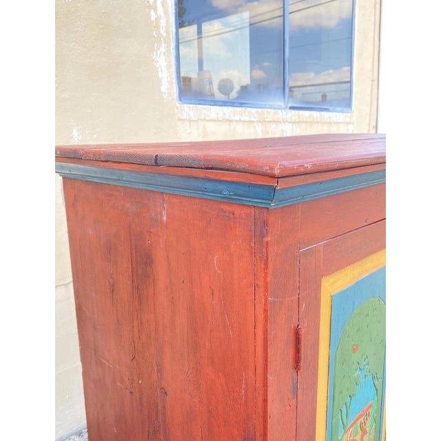 Red Late 20th Century Country Farmhouse Red & Blue Forest Carved Wardrobe Tv Entertainment Cabinet For Sale - Image 8 of 12