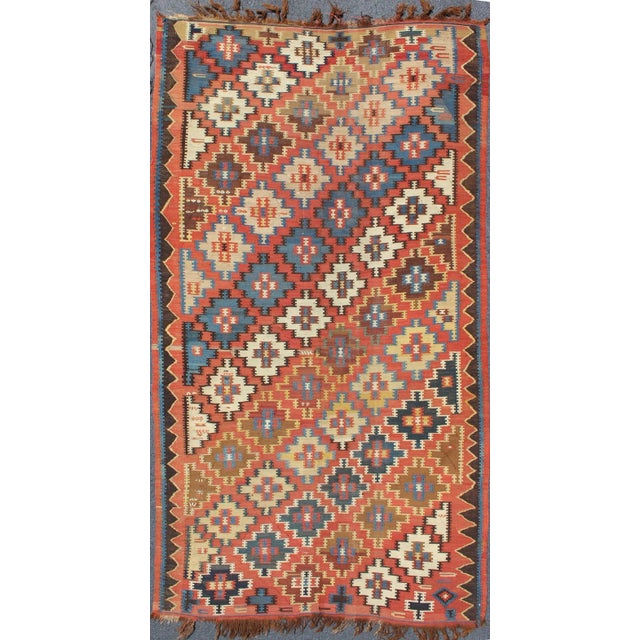 Traditional Antique Caucasian Kuba Kilim With All-Over Diamond Design in Rust & Blue Colors For Sale - Image 3 of 3