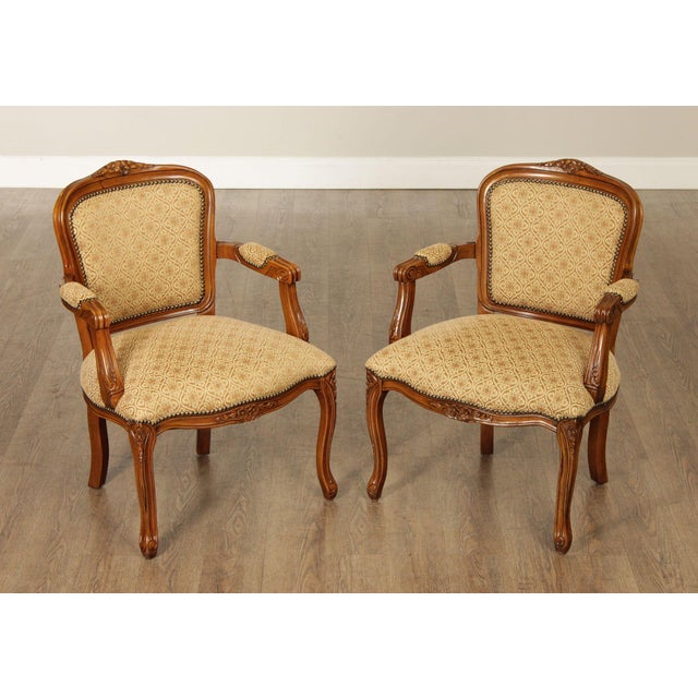 High Quality Pair of Custom Upholstered, Carved Frame Library Armchairs with Nail-Head Trim