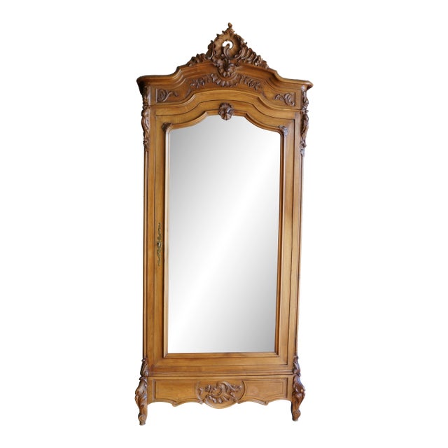 Antique French Rococo Single Mirrored Door Armoire For Sale