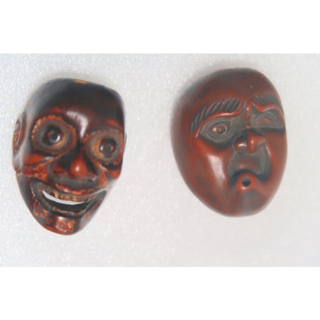 Japanese Antique Carved Japanese Wood Mask Netsukes, Signed Deme Joman and Iko For Sale - Image 3 of 10