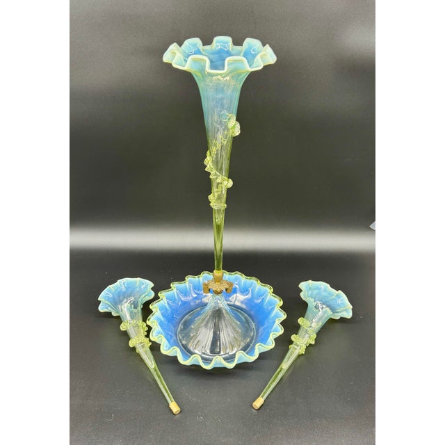 Antique Victorian Three-Horned Epergne Vase Light Green Body with Fade to Milk Tops/Rims Ruffled Edges Applied Green Glass...