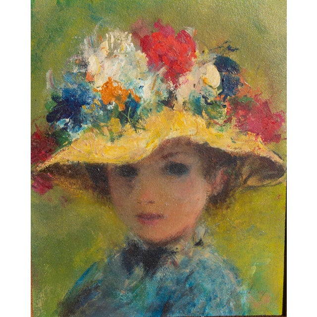 Striking French impressionist portrait of a young girl. Oil on board. Original carved frame. Circa 1950's. Signed...
