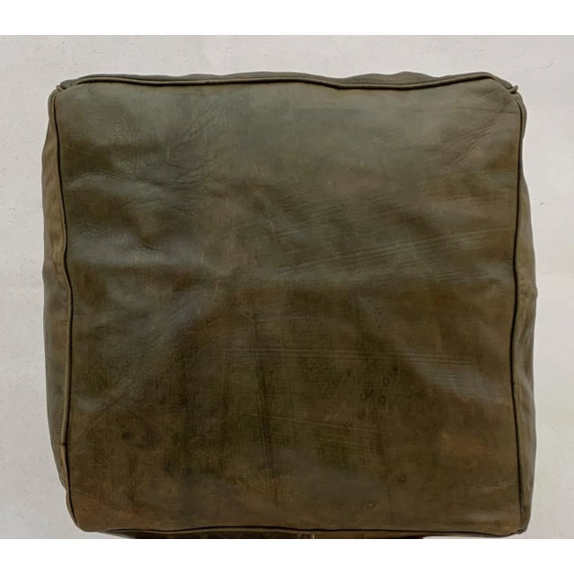 Square Green Olive Handmade Moroccan Leather Pouf Cover For Sale - Image 6 of 11