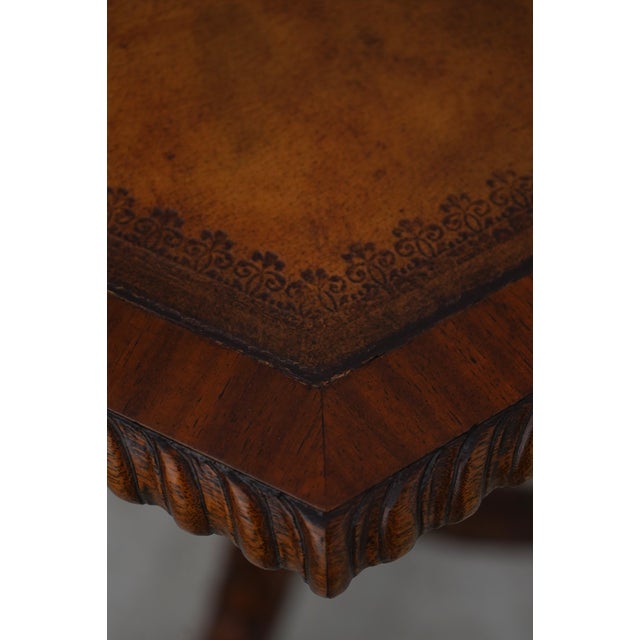 2020s Maitland Smith Mahogany Carved Hexagon Leather Top Pedestal Table For Sale - Image 5 of 15