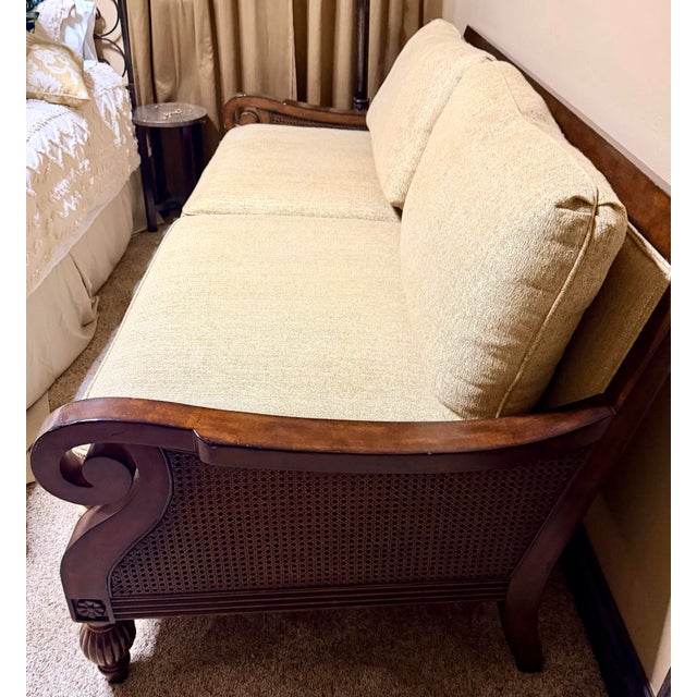 French Provincial Rachlin Classics “Susan” Carved-Wood and Cane Upholstered Settee For Sale - Image 3 of 5