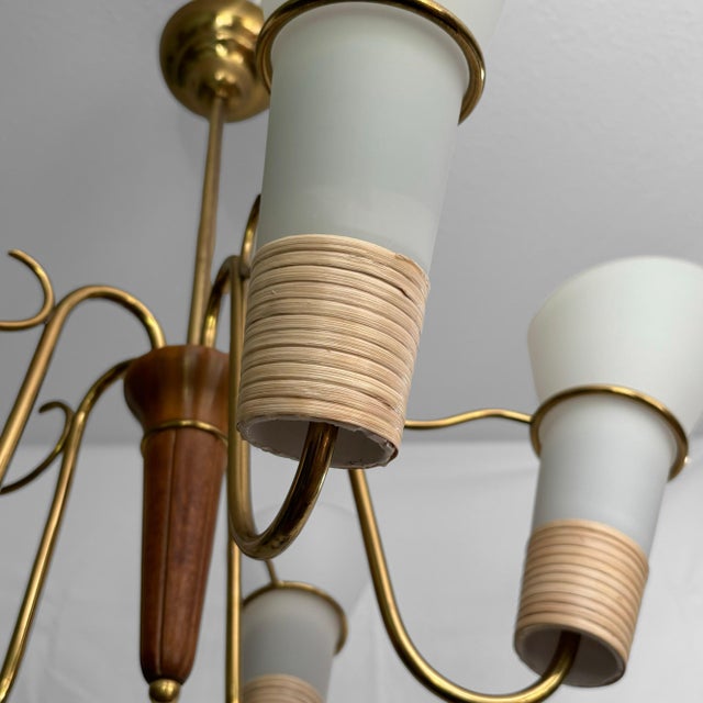Brown Mid-Century Modernist Swedish Chandelier in Brass, Birch and Glass, 1940s For Sale - Image 8 of 12
