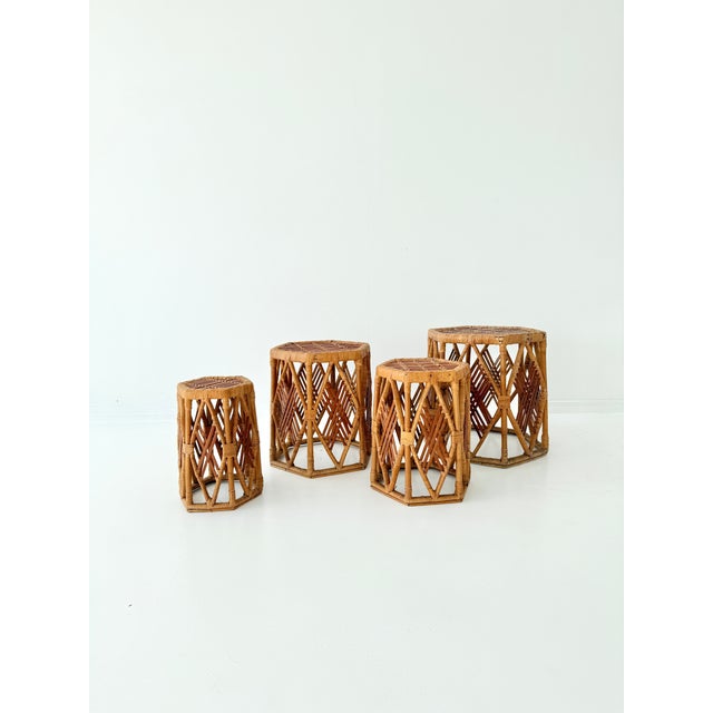 Hexagonal Rattan Stools in Geometric, Woven Lattice Design, 1970s, Set of 4 For Sale - Image 12 of 12