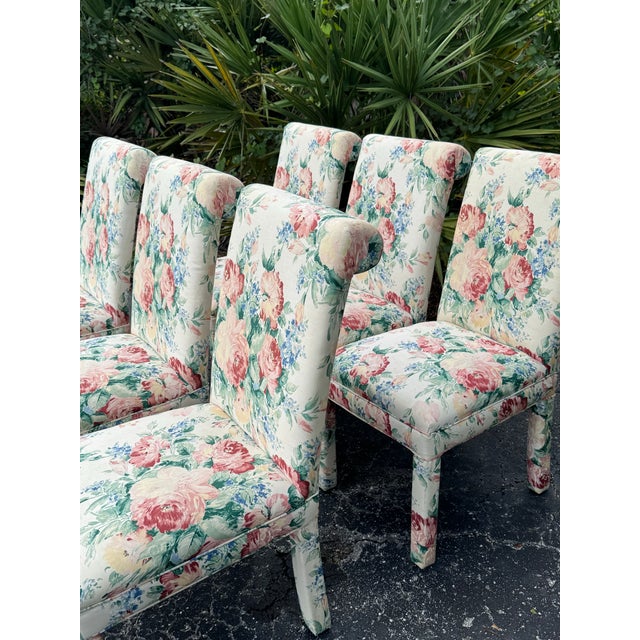 Set of 6 Vintage Floral Upholstered Parsons Chairs For Sale - Image 4 of 12