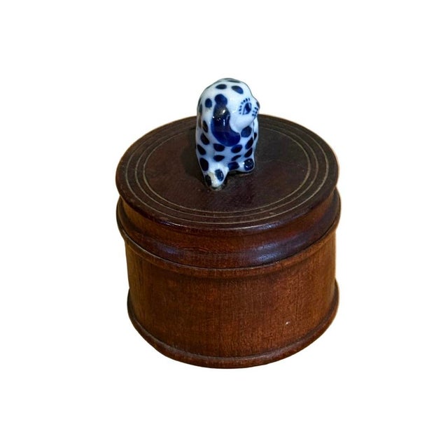 Late 20th Century Thai Turned Wood Trinket Box With Blue & White Ceramic Dog Finial For Sale In Miami - Image 6 of 9