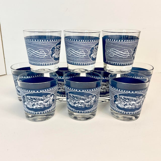 Mid-Century Americana Currier & Ives French Blue Old Fashion Lowballs Glasses - Set of 10. For Sale - Image 4 of 10