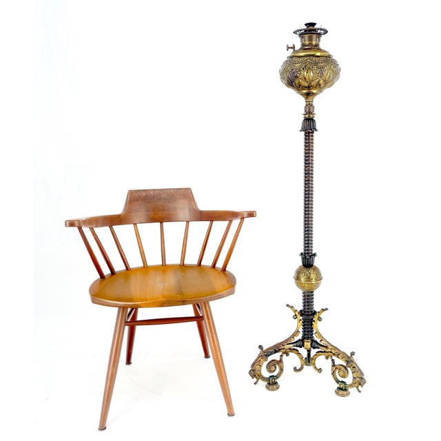 Brass 19h Century Cast Polished Brass Tripod Base Adjustable Height Oil Flor Lamp MINT For Sale - Image 8 of 17