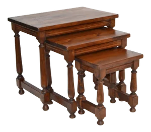 Vintage Oak Wood Set of 3 Nesting Tables Turned Legs, Stacking Tables, France
