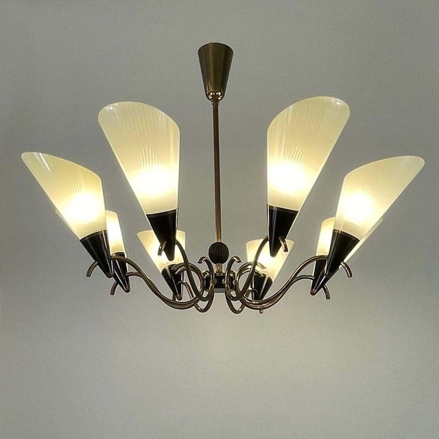 Scandinavian Opaline Glass and Brass Chandelier, 1950s For Sale - Image 4 of 17
