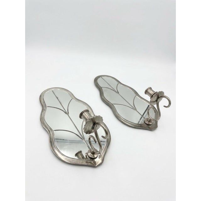 2000 - 2009 Pair of Vintage Silver-Tone Leaf Mirrored Wall Candle Sconces For Sale - Image 5 of 12