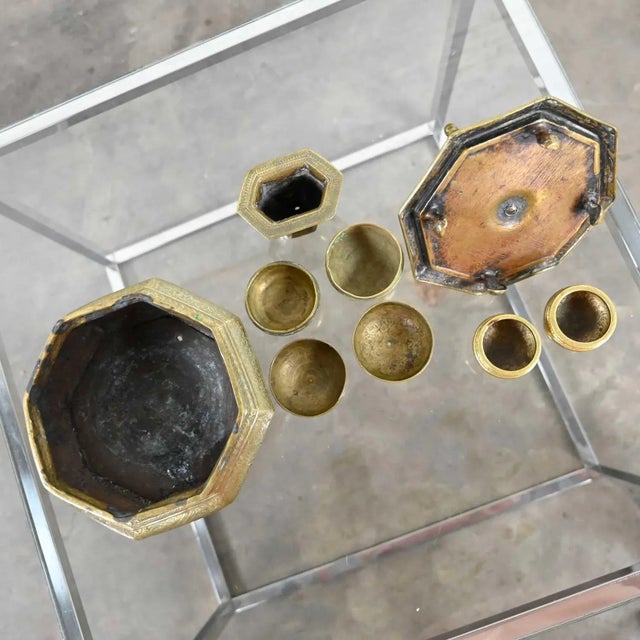 Metal Vintage Objet d'Art East Java Indonesian Brass Tepak Sireh Betel Nut Set 7 Pieces For Sale - Image 7 of 13