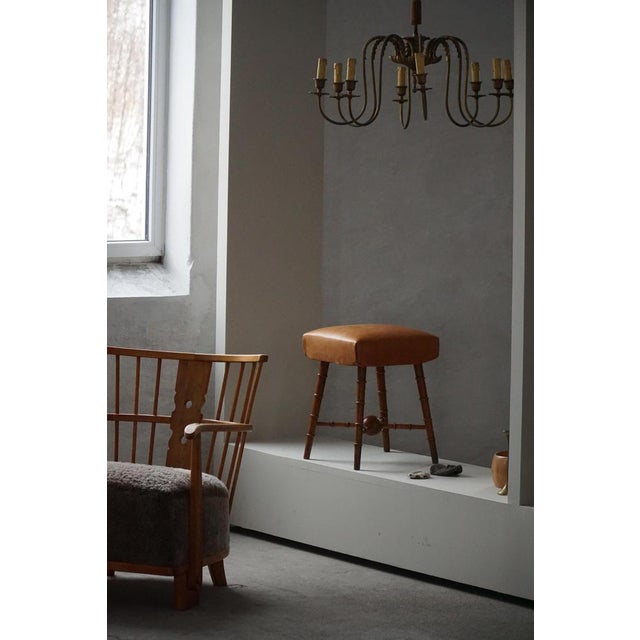 Vintage Danish Turned Wood Stool with Leather Seat, 1930s For Sale - Image 10 of 13