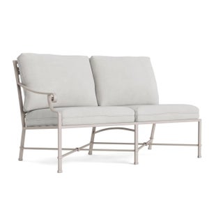 Brown Jordan Venetian Left Arm Loveseat, Dove frame with Fusion Dove fabric For Sale