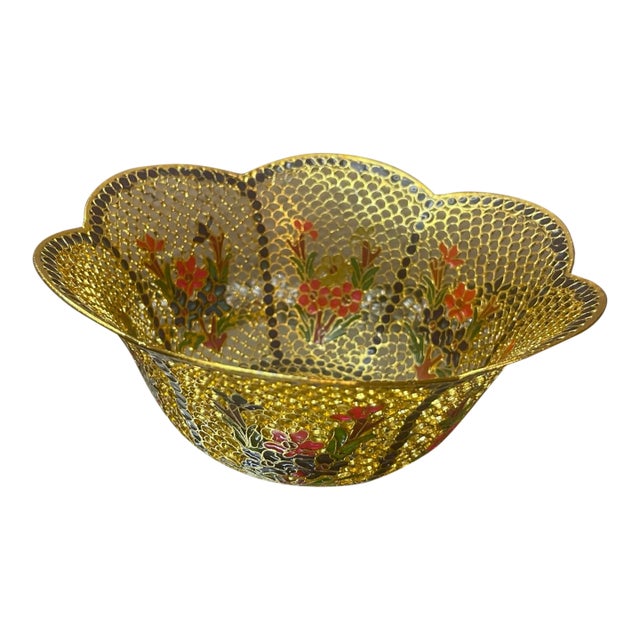 VTG Plique-a-Jour Cloisonné Enamel 5” Scalopped Bowl For Sale