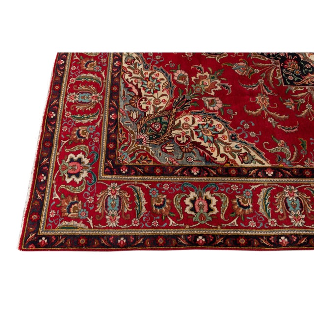 Vintage Persian Tabriz Handmade Wool Red Floral Rug For Sale In New York - Image 6 of 10