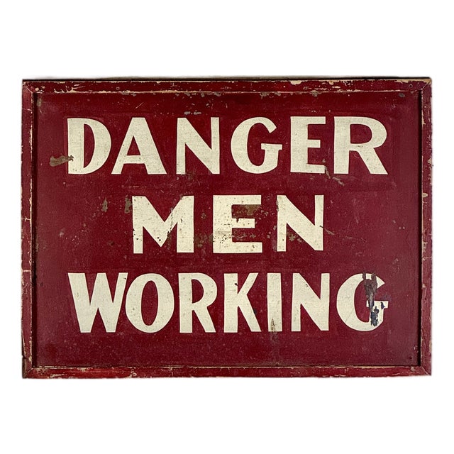 Vintage "Danger Men Working" Metal Red Painted Sign With Wood Frame For Sale