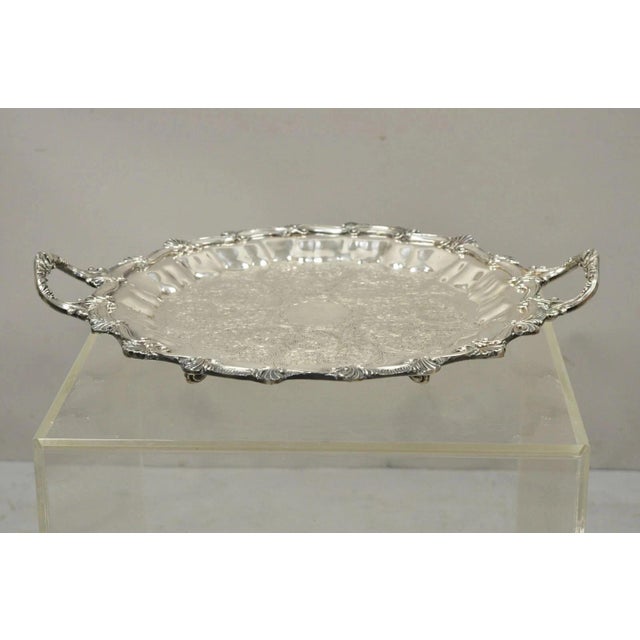Vintage Victorian Style Ornate Silver Plated Twin Handle Scalloped Bar Serving Platter Tray. Item features etch designed...