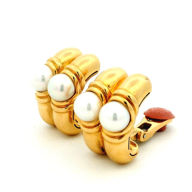 Metal Vintage Bvlgari 18k Yellow Gold Cultured Pearl Statement Earrings, A Pair For Sale - Image 7 of 13