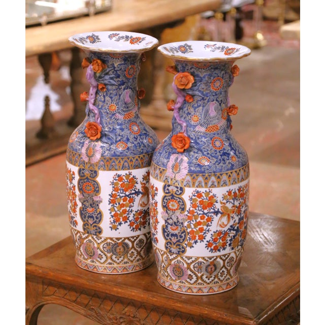 Pair of Early 20th C. Asian Imari Porcelain Vases With Floral and Bird Motifs For Sale In Dallas - Image 6 of 11