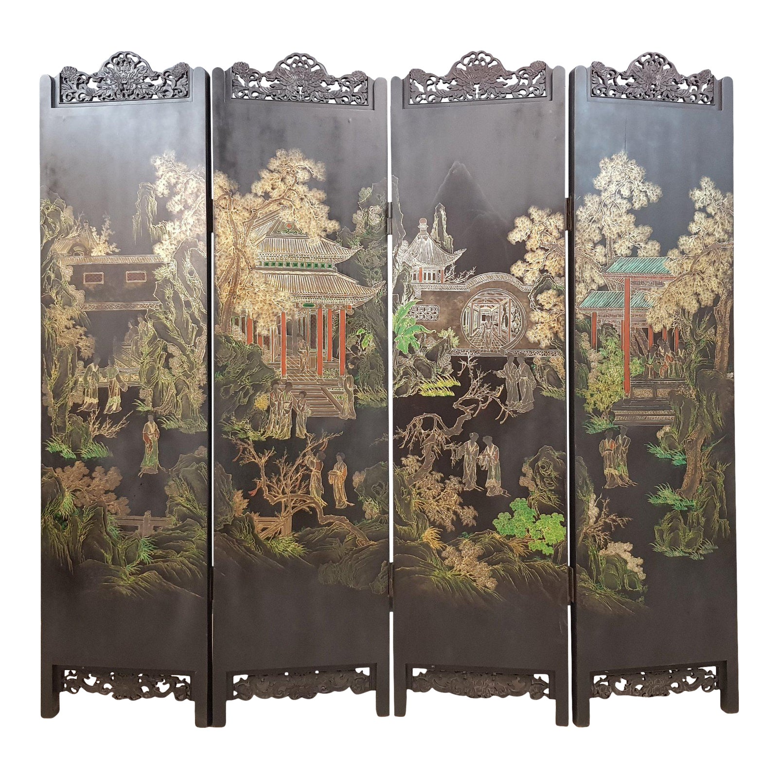 Elaborate Vintage 4 Panel Double Sided Chinese Screen Room Divider