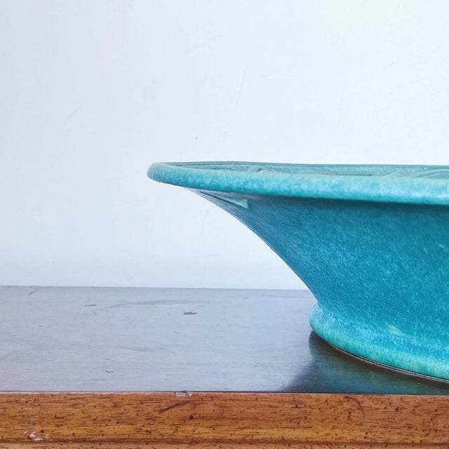 Early 20th Century Antique Large Hand Thrown Reticulated Pottery Bowl in Turquoise Glaze Depicting Flower Star Burst, Signed For Sale - Image 5 of 8